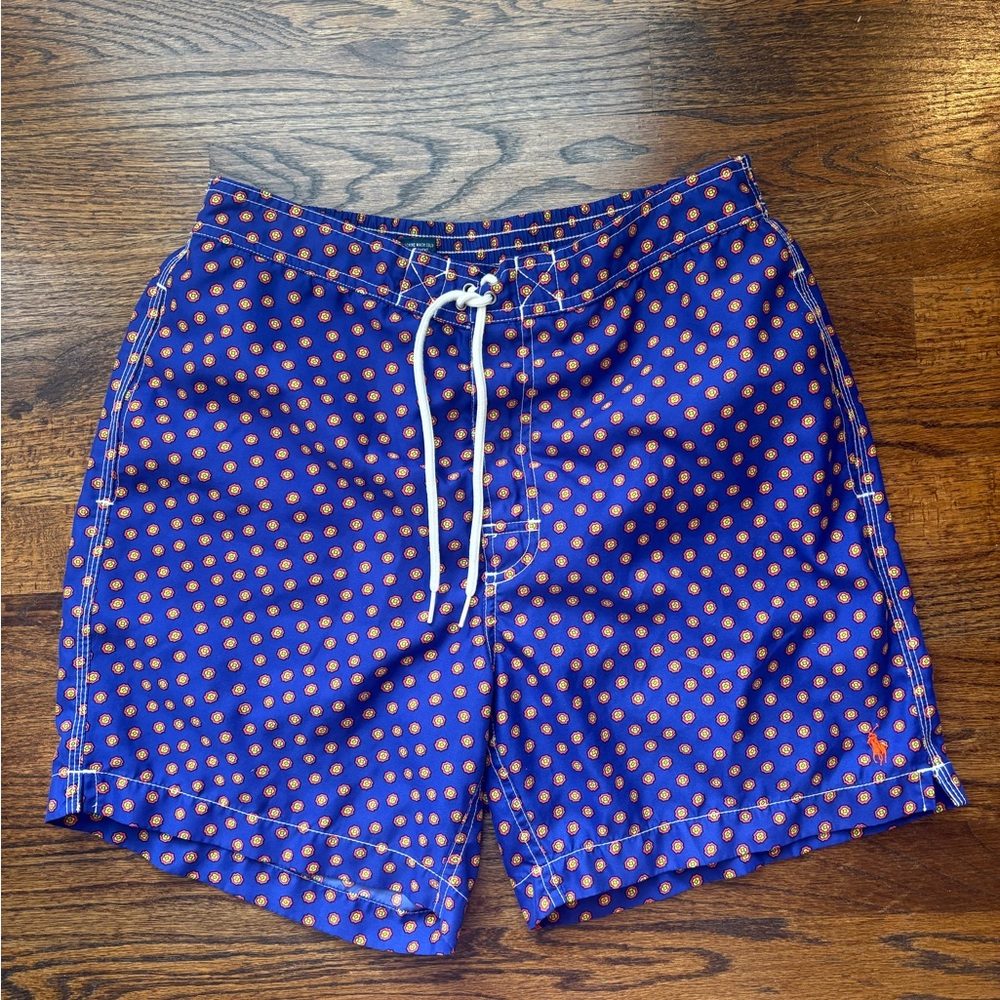 Ralph Lauren blue Swim Shorts with Orange Dot Print size small